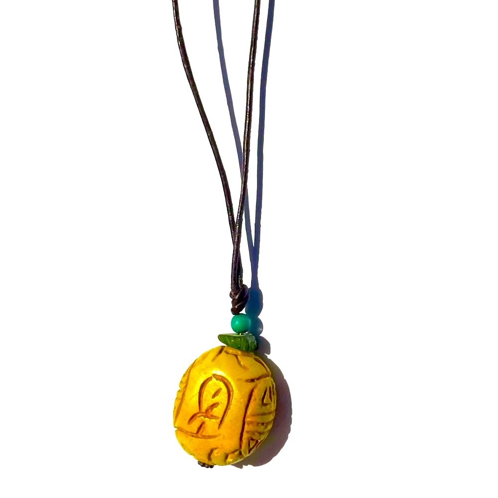 Yellow Turquoise Pendant with Peridot and Blue Turquoise on Leather Handmade